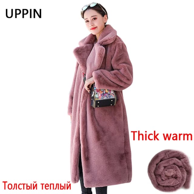 UPPIN/Зимняя женская Высококачественная шуба из искусственного меха кролика Роскошная длинная шуба Свободное пальто с отворотом толстые теплые женские плюшевые пальто больших размеров