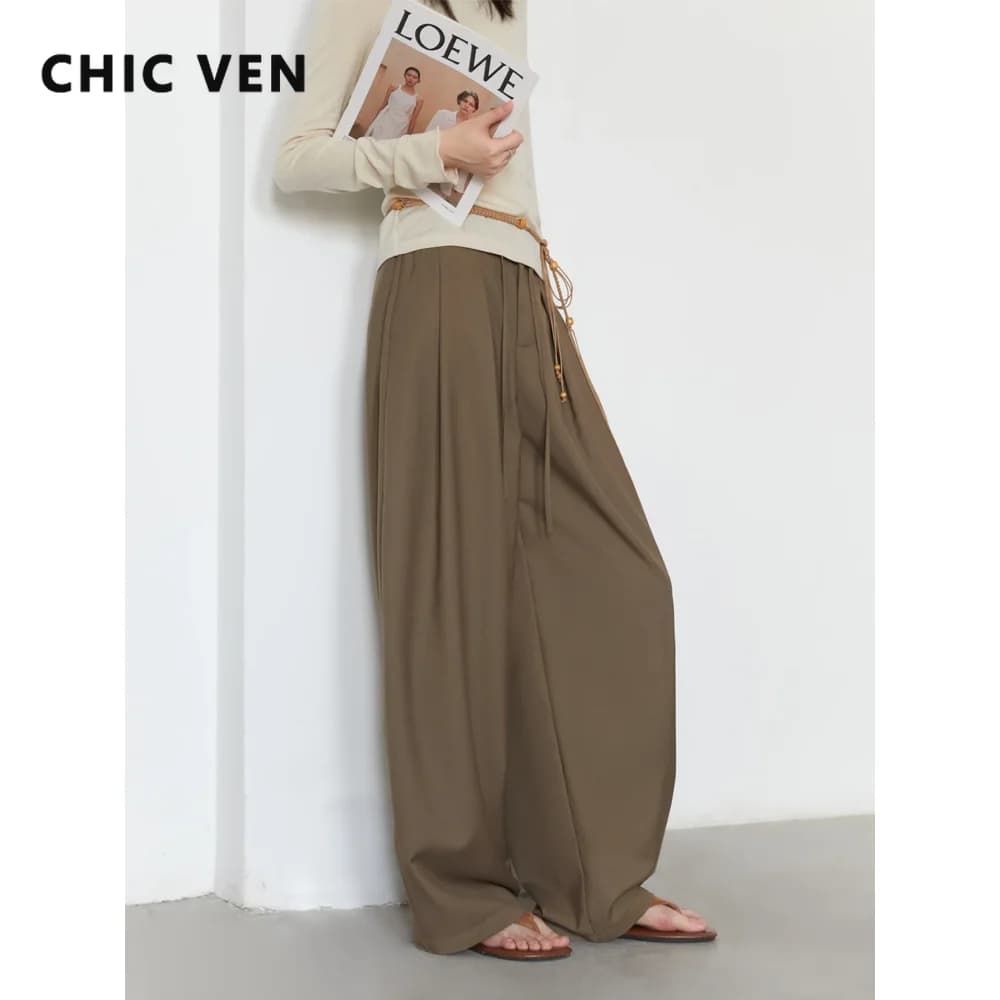 Женские брюки CHIC VEN, однотонные свободные повседневные широкие брюки, плиссированные женские брюки на шнурке, офисные женские брюки, весна-осень 2025