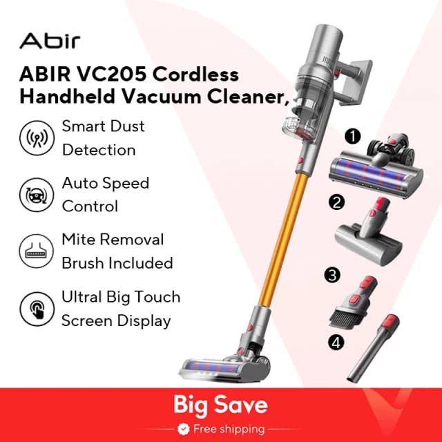(Промокод: NEW888)Беспроводной пылесос ABIR VC205, 27000PA, умный датчик пыли, светодиодный сенсорный экран, автоматическое управление скоростью, эффективное удаление пылевых клещей и шерсти