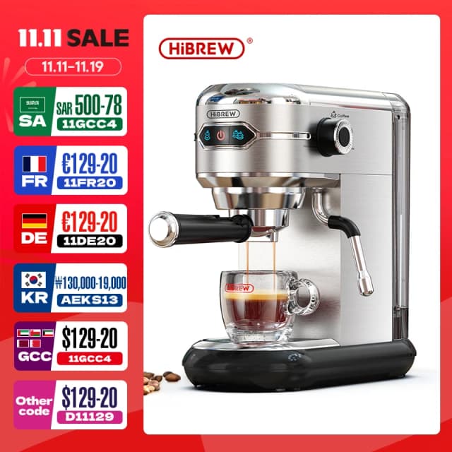 Кофеварка HiBREW Cafetera 20 бар Inox полуавтоматическая супертонкая кофеварка ESE POD и порошок для эспрессо, капучино, горячая вода H11