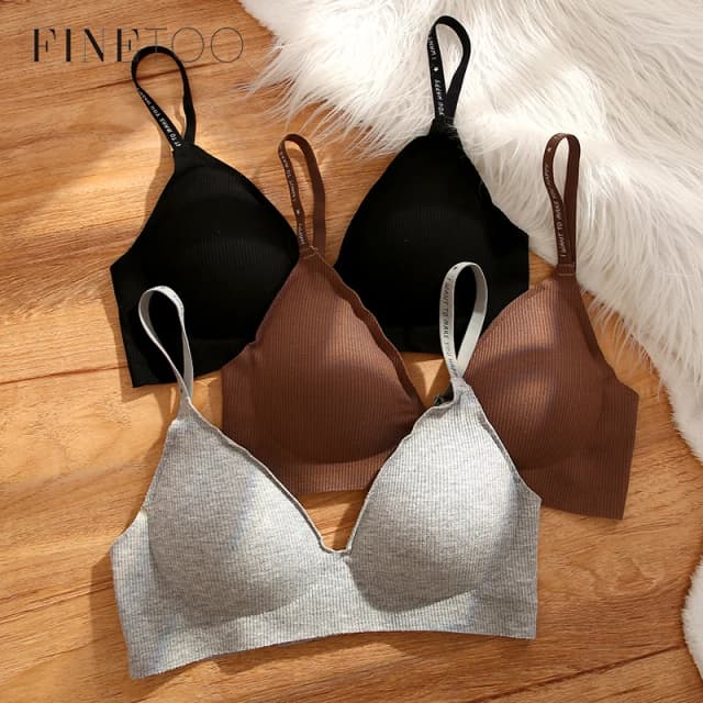 FINETOO Женское беспроводное нижнее белье Deep V заполнитель нижнее белье S - XL мода полосатые трикотажные нижнее белье сексуальное женское нижнее белье чистый цвет нижнее белье 6