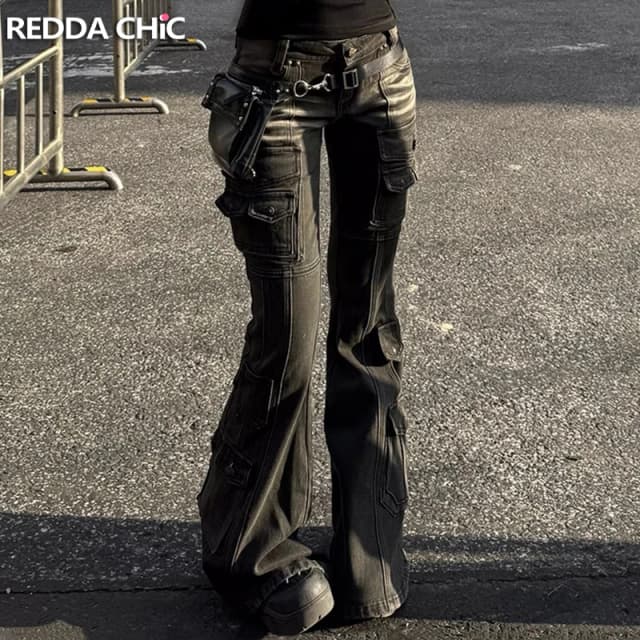 REDDACHiC черные джинсы-карго с низкой талией 2000-х годов, эластичные брюки-карго с несколькими карманами, женские уличные брюки в стиле ретро в стиле гранж