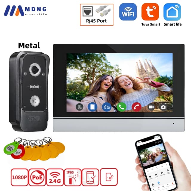 Комплекты IP-видеодомофона Tuya, 1080P, 7-дюймовый Poe, видео, Wi-Fi, камера дверного звонка, непромокаемая панель вызова, видеодомофон для дома, виллы
