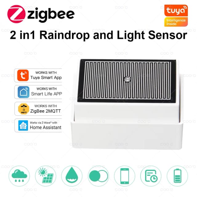 Датчик дождя Tuya Zigbee 2 в 1 с детектором освещенности IPX4 Открытый водонепроницаемый детектор дождя работает с Smart Life Home Assistant Z2M