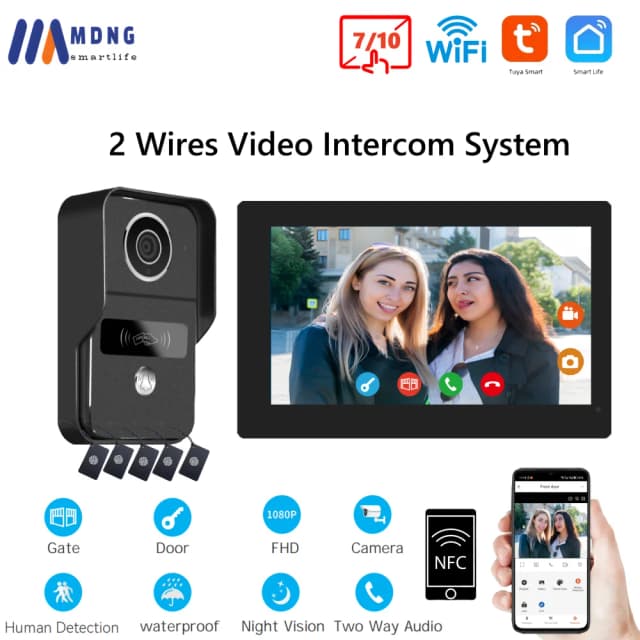 Умная камера дверного звонка 1080P Tuya, домашний видеодомофон, Wi-Fi, 2 провода, 7/10 дюймов, беспроводная видеодомофонная система, разблокировка 5 в 1, NFC