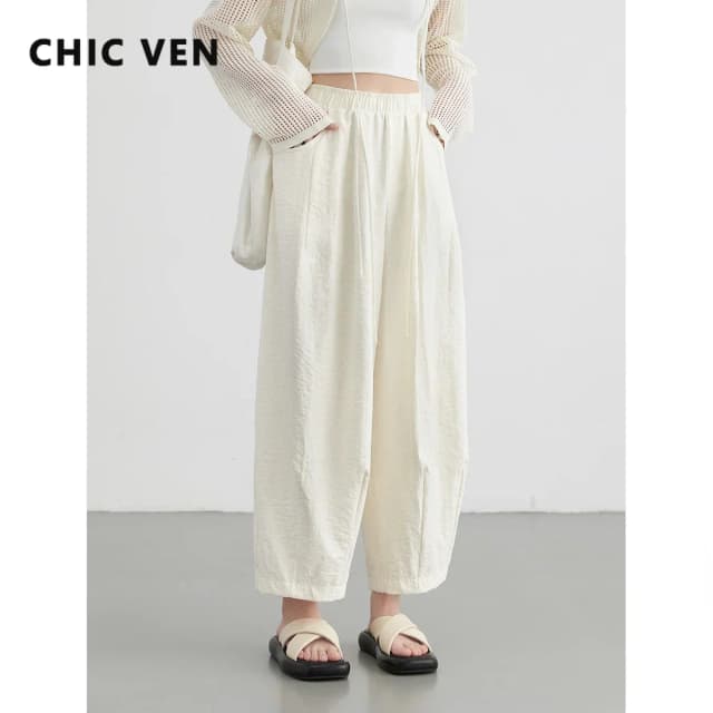 Женские белые брюки CHIC VEN, однотонные повседневные плиссированные широкие брюки с эластичной резинкой на талии и высокой талией, женские брюки, складная летняя одежда 2025 г.