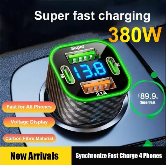 Автомобильное зарядное устройство USB C, 380 Вт, двойное зарядное устройство PD 4 в 1 с дисплеем напряжения, адаптер сверхбыстрой зарядки для iPhone, Oppo, Vivo, Samsung