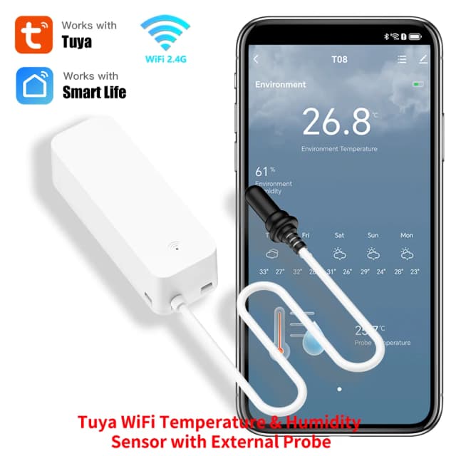 Датчик температуры и влажности Tuya Wi-Fi с внешним зондом для умного дома, гигрометр, приложение для мониторинга растений, аквариума, виноделия