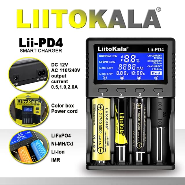 LiitoKala Lii-PD4/PD2 Зарядное устройство AC PD ЖК-дисплей Быстрая зарядка с 4/2 отсеками для 21700/18650/AA/AAA Многозащитное автоматическое обнаружение
