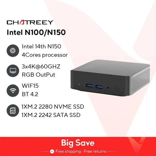 Chatreey T9 Мини-ПК Intel Alder Lake N100 Windows 11 Ультра Маленький Карманный Компьютер с двумя SSD Полнофункциональный Type-C 4K 60 Гц RGB