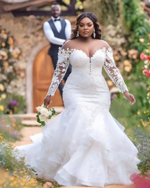 Горячая Русалка Aso Ebi плюс размер белое кружевное свадебное платье сексуальное милое свадебное платье с прозрачным воротником и длинными рукавами по индивидуальному заказу