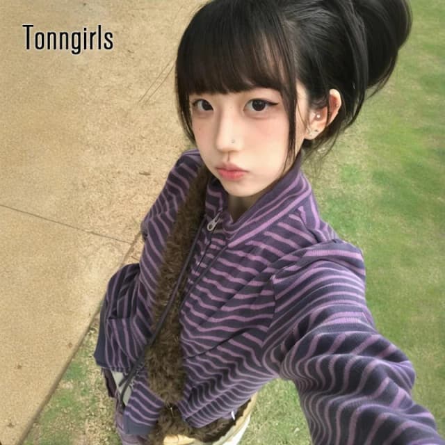Tonngirls Y2k японские толстовки женские с длинным рукавом в полоску с воротником-стойкой толстовка High Street графические зимние пальто для девочек