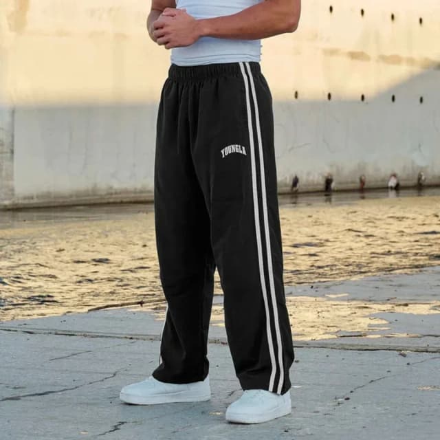 YOUNGLA американские спортивные брюки с двойной строчкой и принтом, повседневные брюки для тренировок в тренажерном зале, фитнес, прямые брюки на талии