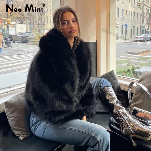 Neo Mint Street Fashion Пальто из искусственного лисьего меха с шалевым воротником для женщин 2024, зимняя крутая черная короткая меховая куртка для девочек, винтажное шикарное пальто